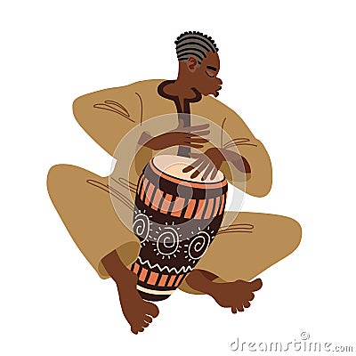 A young street musician plays a rhythmic melody on a conga drum decorated with an African pattern. Vector Illustration